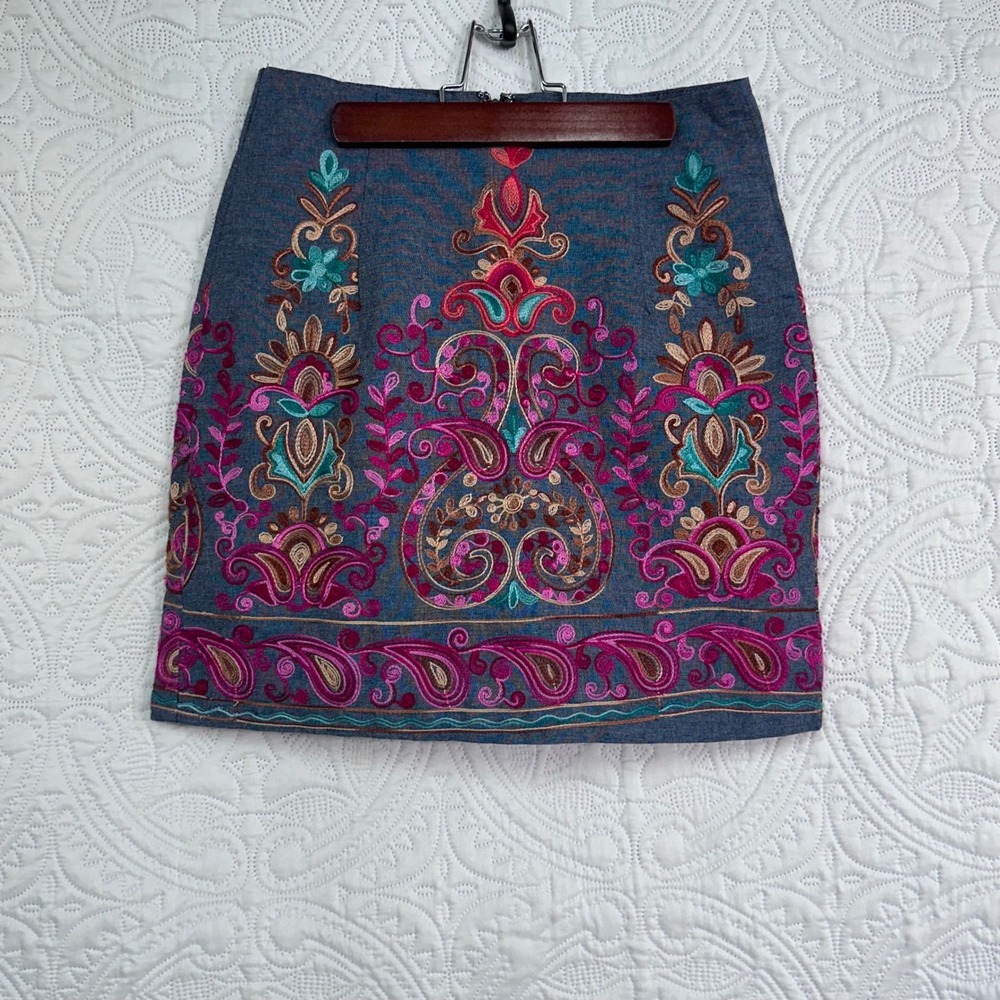 Entro Womens Blue Embroidered Denim Mini‎ Skirt Paisley Floral Boho S9567 Small